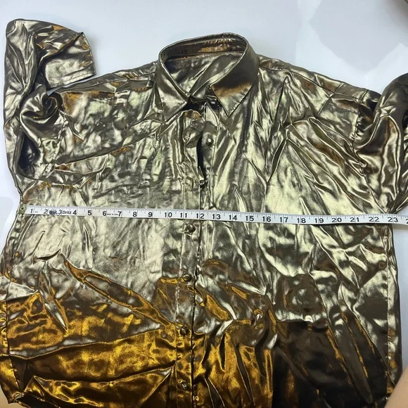 Allison New York Gold Lame Button Down Shirt N273-35 - Picture 5 of 6